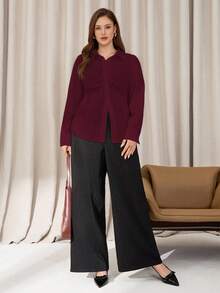 Auralis White Ruched Front Button Long Sleeve Shirt, Office Lady Elegant Blouse, Plus Size, Suitable For Work, Concerts, Dates, Basic Versatile Shirt Burgundy - Burgundy - View 5