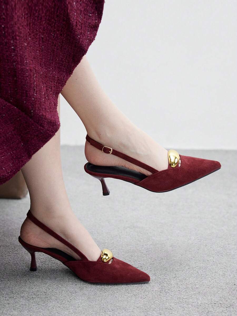 CUCCOO BIZCHIC 女士后跟系带蝴蝶结装饰洛丽塔风格高跟鞋,酒红色,适合圣诞节穿着 - 酒紅色 - 查看 1