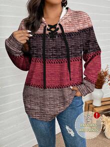 SHEIN LUNE 加大码女式撞色插肩袖抽绳连帽休闲卫衣 - 彩色 - 查看 7