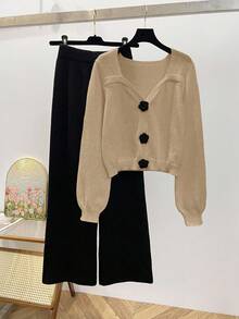 Franclia 2pcs Tea-Colored Outfit, Sweet Cropped Square Collar Knit Sweater & Wide Leg Knit Pants Set, Autumn - Khaki - View 3