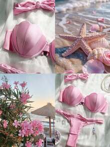 Swim Mod 2件套花瓣拼接硬杯可拆卸肩带纯色性感比基尼套装 - 粉色 - 查看 3