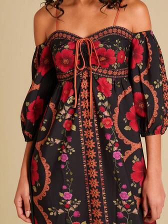 Travachic 女士印花露肩泡泡袖系带时尚连衣裙，适合度假穿着