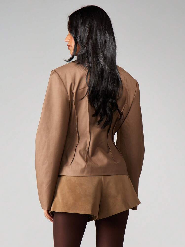 MISSGUIDED Women Structured Blazer With Pleated Detail Button Front Formal Business Office Jacket Fall Winter Workwear
