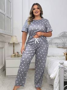 Doze Lane Plus Size Heart Printed Short Sleeve T-Shirt And Long Pants Pajamas Set, Suitable For Summer, Outfits - Grey - View 5