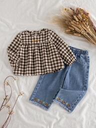 Vintaside Kids 2pcs Baby Girl Classic Plaid Blouse With Puff Lantern Sleeves And Dark Blue Wide Leg Jeans Set, Autumn/Spring