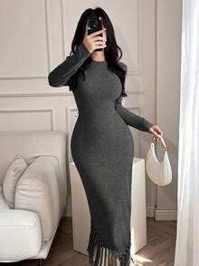Feyla 1件女士纯色圆领长袖修身流苏下摆连衣裙，简约设计长款晚礼服 - 深灰色 - 查看 3