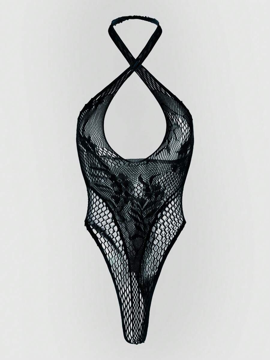 Women's Sexy Blue Fishnet Bodysuit, Sleeveless High Stretch Fishnet Bodysuit, Suitable For Beach, Seaside, Party For Going Out - Black - View 1