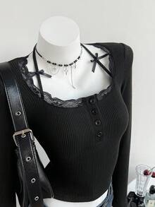SHEIN Unity Maglietta a maniche lunghe nera da donna, elegante per l'autunno/inverno, adatta per uso quotidiano, feste e casual, con colletto in pizzo - nero - Visualizzare 5