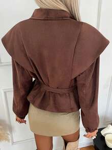DAZY Women's Turndown Collar Brown Waist Cinched Short Casual Regular Jacket Women Coats - Brown - View 8