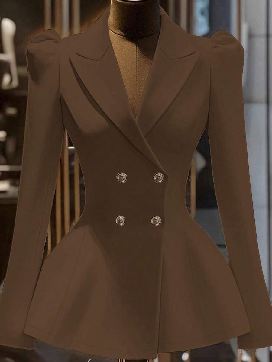 Franclia Áo khoác blazer nữ cổ bẻ tay bồng màu trơn cài hai hàng khuy thanh lịch - màu nâu - Xem 1