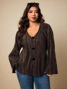 Elaquor 休闲宽松长袖加大码女式上衣 - 咖啡棕 - 查看 1