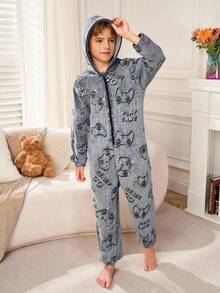 SHEIN Tween Boy Minimalist Gaming Console Pattern Long Sleeve Hooded Zip-Front Soft Flannel Jumpsuit, Suitable For Christmas, Thanksgiving, Winter - Grey - View 4
