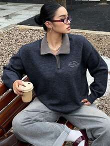 Dazy Plus كنزة صوفية كروشيه فضفاضة بطبعات حرفية ملونة وياقة طاقم، كاجوال للنساء، خريف/شتاء - أزرق بحري - مشاهدة 3