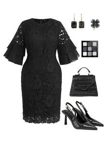 Gownix Vestido elegante de encaje de unicolor talla grande - Negro - Ver 1