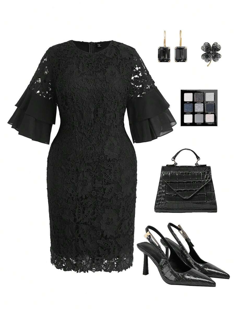 Gownix Vestido elegante de encaje de unicolor talla grande - Negro - Ver 1