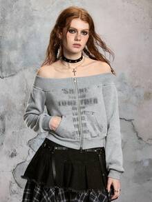 ROMWE Avant Letter Print Off Shoulder Cropped Loose Knit Sweatshirt - Light Grey - View 5