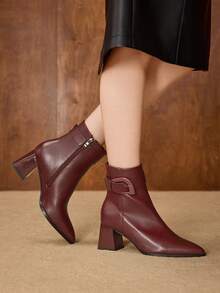 MOTF Botas de tacón alto grueso de media pantorrilla con hebilla de cuero de PU, versátiles y sencillas para el uso diario de las mujeres - Burdeos - Ver 3