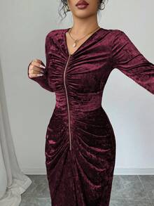 SHEIN Elenzya Đầm dài tay cổ chữ V thanh lịch dành cho nữ với họa tiết khóa kéo nhún bèo không đều, thiết kế cao cấp, thích hợp cho sinh nhật, hẹn hò, tiệc tùng, dạ tiệc, lễ hội âm nhạc, tiệc chiêu đãi - Màu đỏ tím - Xem 3