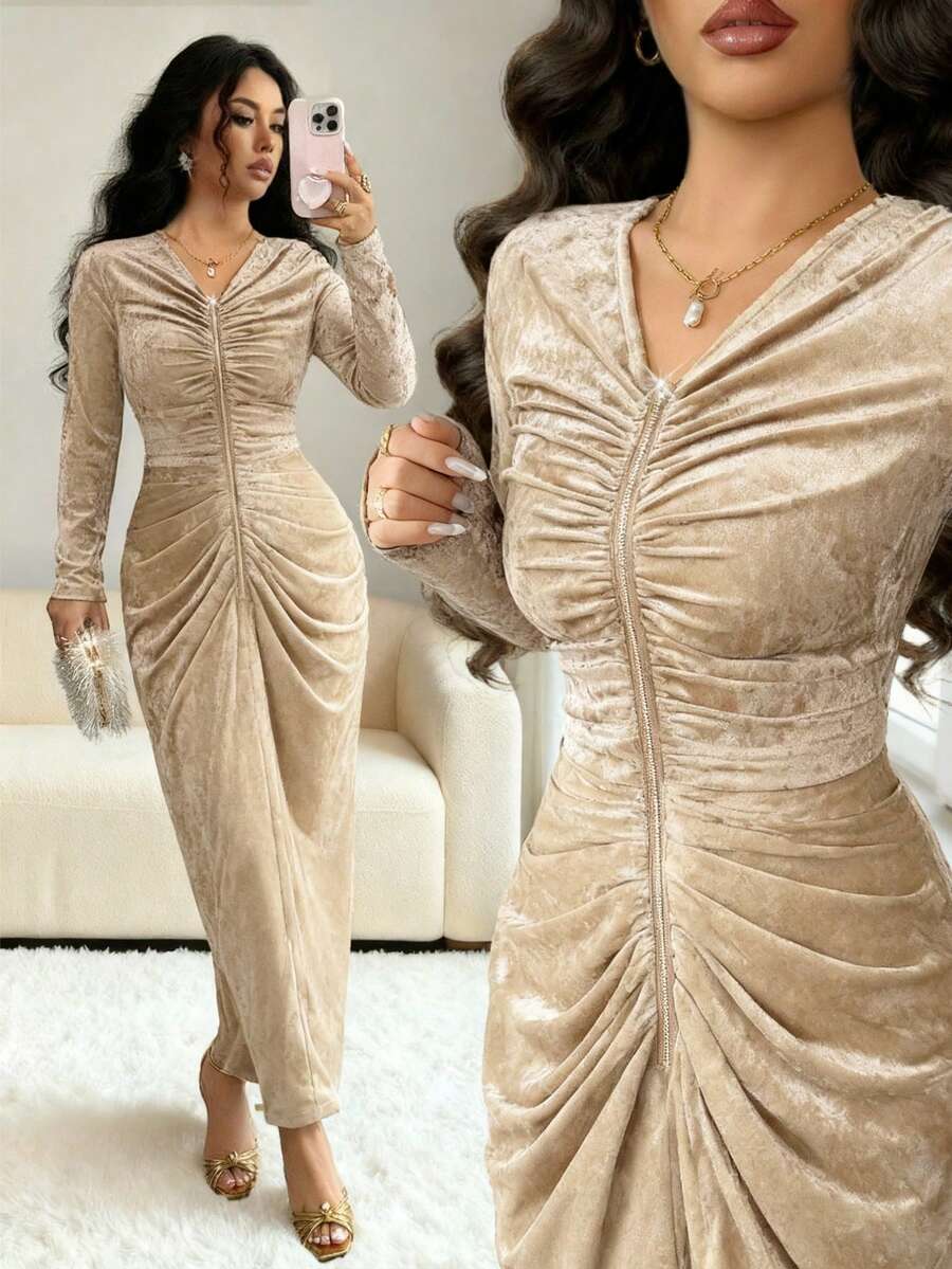SHEIN Elenzya Đầm dài tay cổ chữ V thanh lịch dành cho nữ với họa tiết khóa kéo nhún bèo bất đối xứng, thiết kế cao cấp, xẻ tà trước sau, tinh tế và duyên dáng, thích hợp cho sinh nhật, hẹn hò, tiệc tùng, dạ tiệc, lễ hội âm nhạc, tiệc chiêu đãi - Màu Khaki - Xem 1