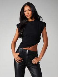 MISSGUIDED Sleeveless Knot Detail Tank Top Casual Twisted Hem Basic - Black - View 1