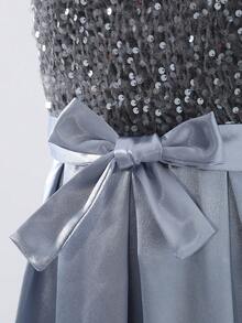 Mädchen elegantes luxuriöses Mode-Ärmellos Hoch Taille langes Samt Pailletten Patchwork Satin glänzend Stoff blaues Kleid mit passendem Gürtel, geeignet für Abschluss, Abschlussball, Aufführung, Geburtstag, Neujahr - Blau - Übersicht 5