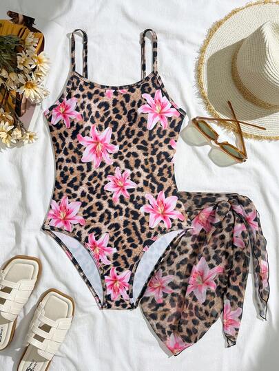 SHEIN 少女豹纹印花吊带连体裤和可调节豹纹印花网纱裙两件套