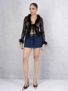 Melissa Matos Women's Sexy Lace Sheer With Fluffy Patchwork Tie Waist Women Top Y2K Outfit  Fall Cloth For Women - Black - View 5