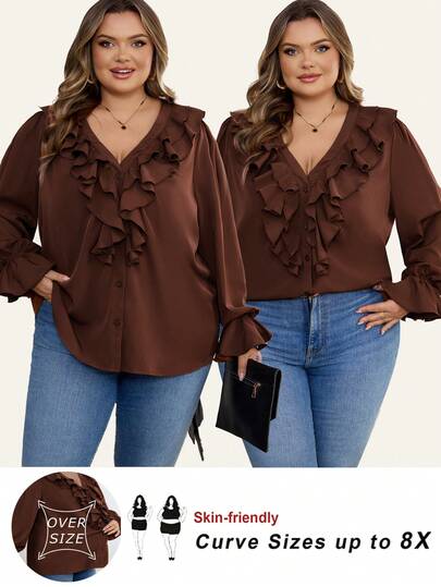 SHEIN CURVE+ Camicia da donna con volant, taglia comoda, adatta per le vacanze