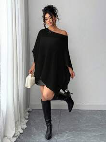 Elenzga Plus Size Women Casual Chic Daily Commute Simple Solid Asymmetrical Collar Batwing Sleeve Loose Knit Sweater, Autumn/Winter 3 Day Delivery Black Goth - Black - View 1