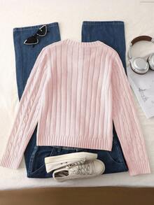 SHEIN 1 قطعة كنزة صوفية نسائية كلاسيكية محبوكة بالكابل، بياقة على شكل حرف V، بتصميم نحيف وأكمام طويلة وسمك منتظم، مزينة بتطريز حصان أسود، مريحة ومتعددة الاستخدامات للربيع/الخريف، للارتداء اليومي العادي - وردي - مشاهدة 2
