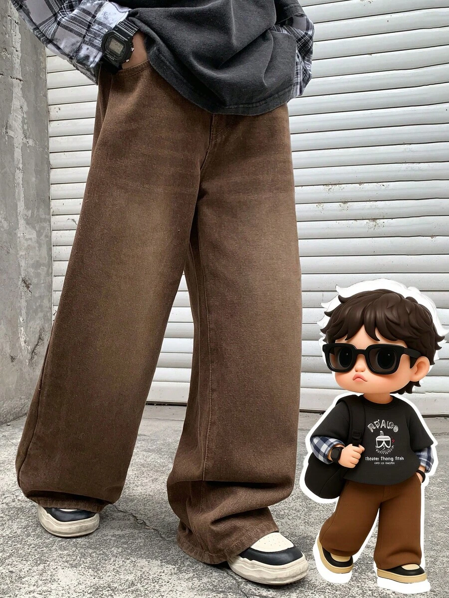 SHEIN Little Byeori 青少年男孩时尚休闲 Y2K 复古酷炫街头无弹力棕色牛仔宽松舒适阔腿牛仔裤，适合儿童日常穿着、秋冬季派对和街头服饰。