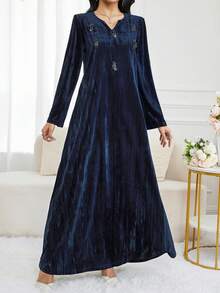 Al Najma 女式纯色水钻装饰优雅长袖阿拉伯风格连衣裙 - 藏蓝色 - 查看 4