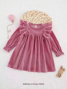 Cozy Pixies Kleine Mädchen Einfarbiges Samt Kleid mit Flügelärmel - Pink - Übersicht 3