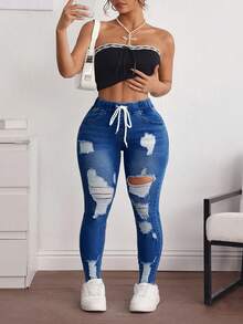 SHEIN ICON 大码女式抽绳腰带口袋做旧修身休闲百搭牛仔裤 - 藍色 - 查看 5