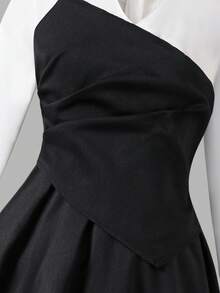 Tween GirlsBlack & White Fitted Niche Elegant School Style V-Neck Dress Black And White Outfits Kpop Outfit Teen Girls Church Outfit Funeral Outfit For Tween Girls - Black and White - View 5