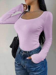 SHEIN BASICS Áo thun nữ cổ tròn tay dài dáng ôm, chất liệu vải giữ nhiệt nâng cấp, lót giữ nhiệt không cồng kềnh, áo thun co giãn ôm vừa vặn cho mùa thu đông - Màu tím - Xem 5