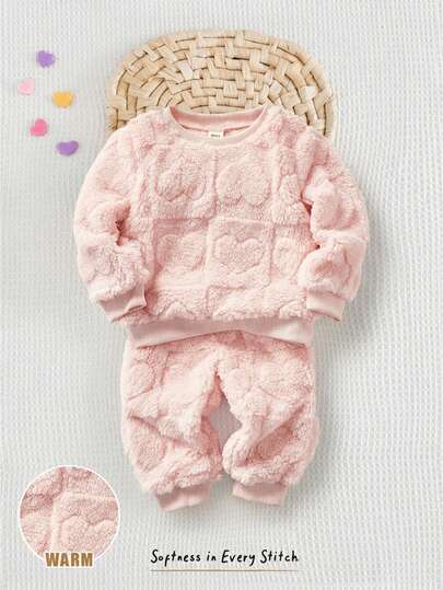 Cozy Pixies 2件套女婴彩色花卉印花保暖内衬撞色圆领长袖套头卫衣和运动裤套装