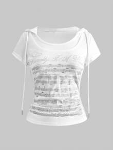 ROMWE J-Fashion Y2K Retro Millennium Babe Music Note Print Hooded 2 In 1 Short Sleeve Hoodie