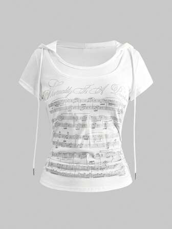 J-Fashion هودي قصير الأكمام مطبوع بملاحظات موسيقية بطراز رجعي لألفية Y2K