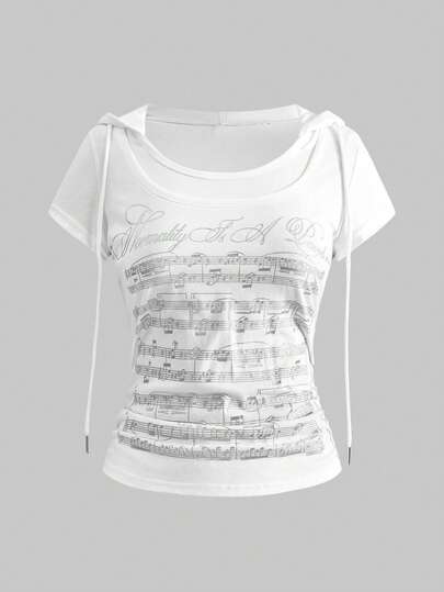 J-Fashion هودي قصير الأكمام مطبوع بملاحظات موسيقية بطراز رجعي لألفية Y2K