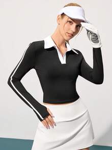 CourtClass 女士秋冬运动Polo衫，黑色修身撞色Polo领长袖，侧边撞色条纹拼接，常规长度，适合日常休闲、跑步、瑜伽、健身、网球、高尔夫等场合。 - 彩色 - 查看 5