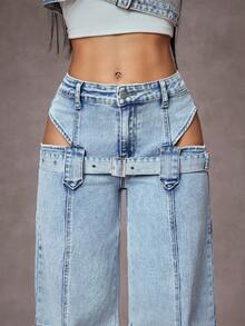 Jeanoix 女士镂空扣环阔腿宽松休闲牛仔裤