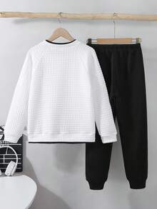 Set 2 în 1 hanorac și pantaloni de trening pentru băieți, la modă casual, negru și alb, pantaloni negri, potrivit pentru toamnă/iarnă - Alb-negru - Vizualizare 3