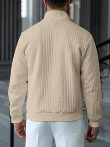 Manfinity CasualCool Men's Casual Solid Color Textured Half Zipper Quarter Zip Sweatshirt, Men's Autumn New Solid White Minimalist Casual Quarter Zip Sweatshirt For Men,Versatile Items For Daily Commuting, Travel, Cream Beige Cable Knit Quarter Zip Sweatshirt, Long Sleeve Top