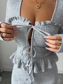 SHEIN PETITE 2件組灰色秋季優雅早午餐女裝時尚刷毛羅紋荷葉邊前綁帶長袖T恤與鬆緊腰寬腿褲套裝，適合嬌小女性 - 灰色 - 查看 6