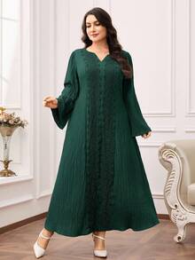 Al Najma Plus Size Women's Lace Patchwork V-Neck Long Sleeve Elegant Arabic Style Maxi Dress - Dark Green - View 6