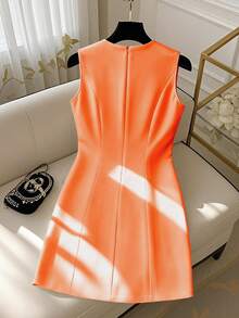 GlowEve 女式白色圆领腰带蝴蝶结无袖优雅迷你连衣裙 - 橘色 - 查看 2