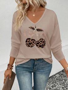 EMERY ROSE 女式 V 领荷叶边袖口、畅销字母和樱桃印花休闲长袖 T 恤 - 彩色 - 查看 3