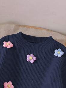 SHEIN Vintaside Kids 女孩手工花朵针织连衣裙，圆领长灯笼袖可爱优雅粉色连衣裙 - 藏蓝色 - 查看 6