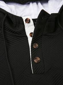 Manfinity Homme 男士纽扣半开襟长袖抽绳休闲连帽衫 - 黑色 - 查看 3